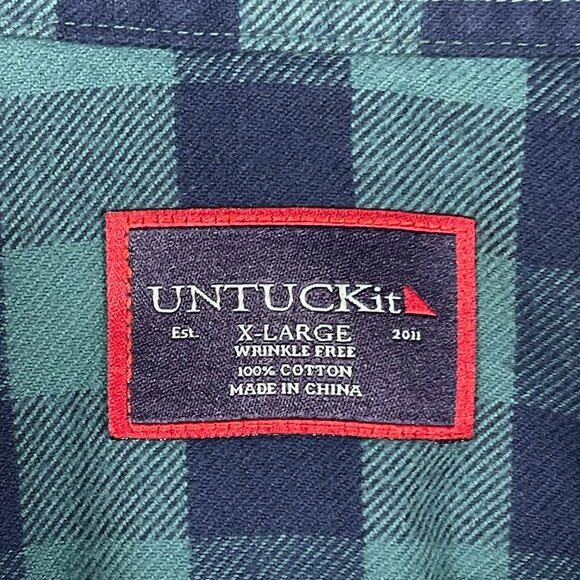 Untuckit Mens XL Wrinkle-Free Green & Navy Plaid Long Sleeve Button-Up Shirt - Picture 2 of 7